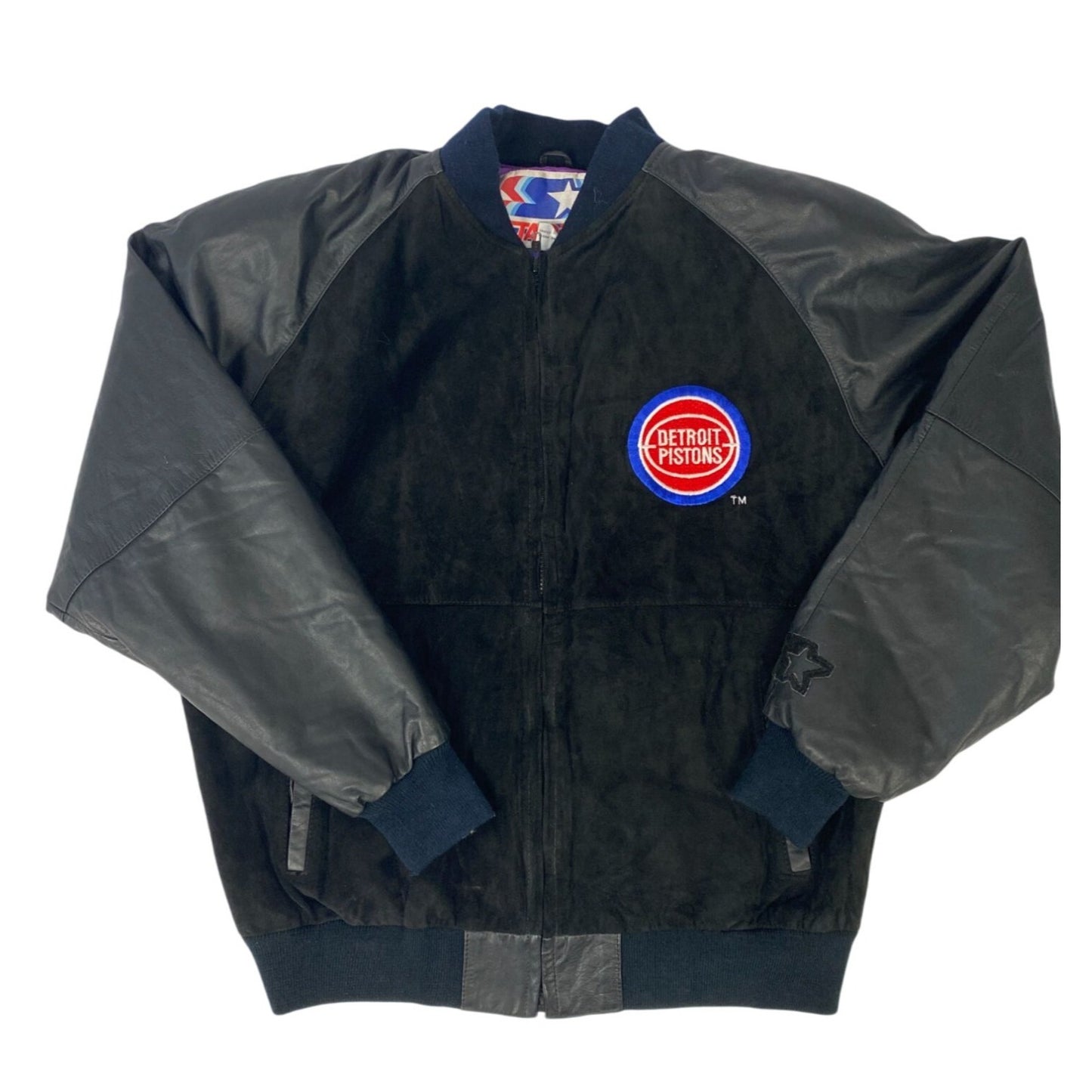 Blouson aviateur vintage Detroit Pistons Starter L en satin noir et cuir pour homme