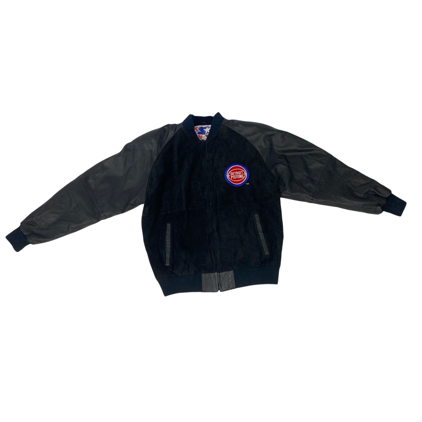 Blouson aviateur vintage Detroit Pistons Starter L en satin noir et cuir pour homme