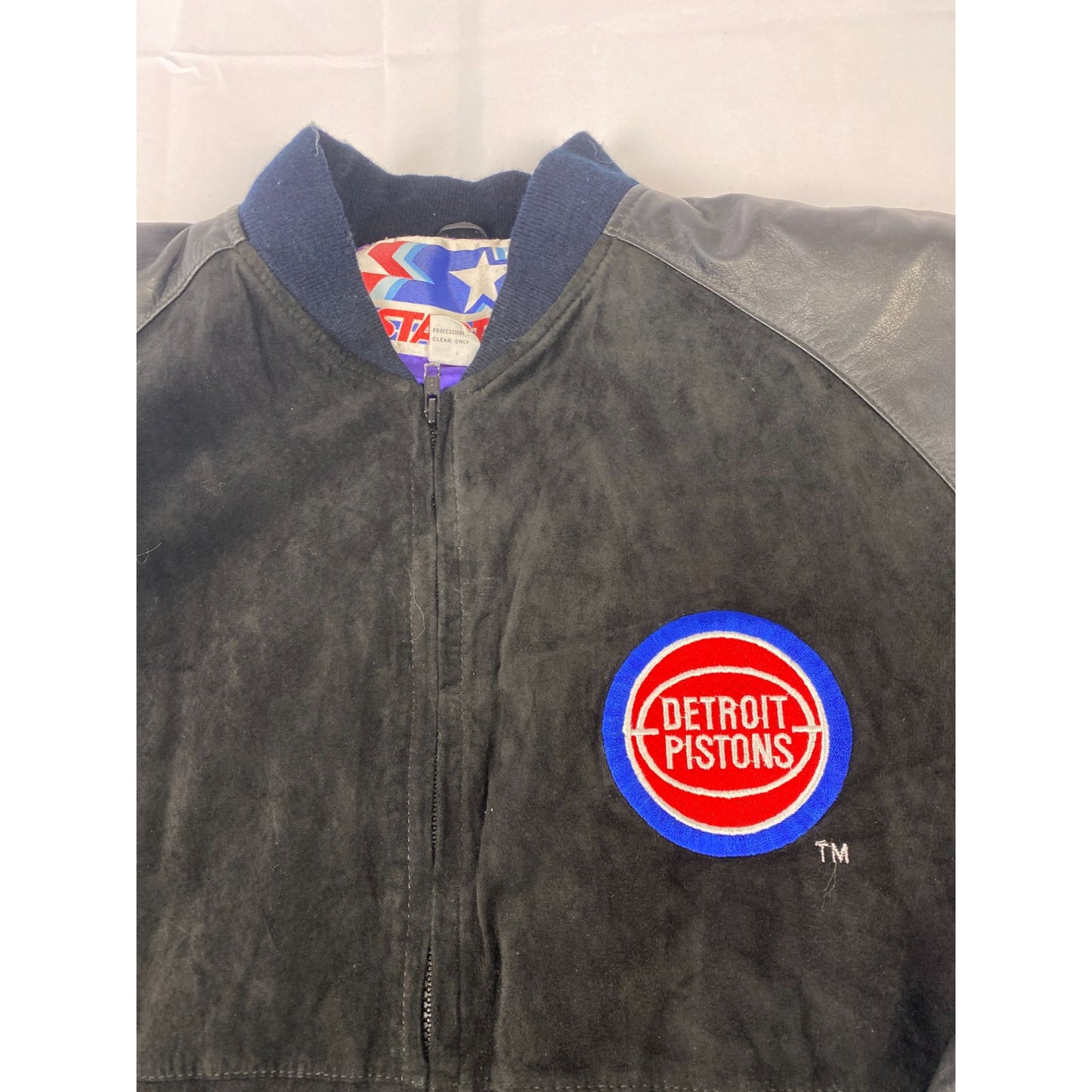 Blouson aviateur vintage Detroit Pistons Starter L en satin noir et cuir pour homme
