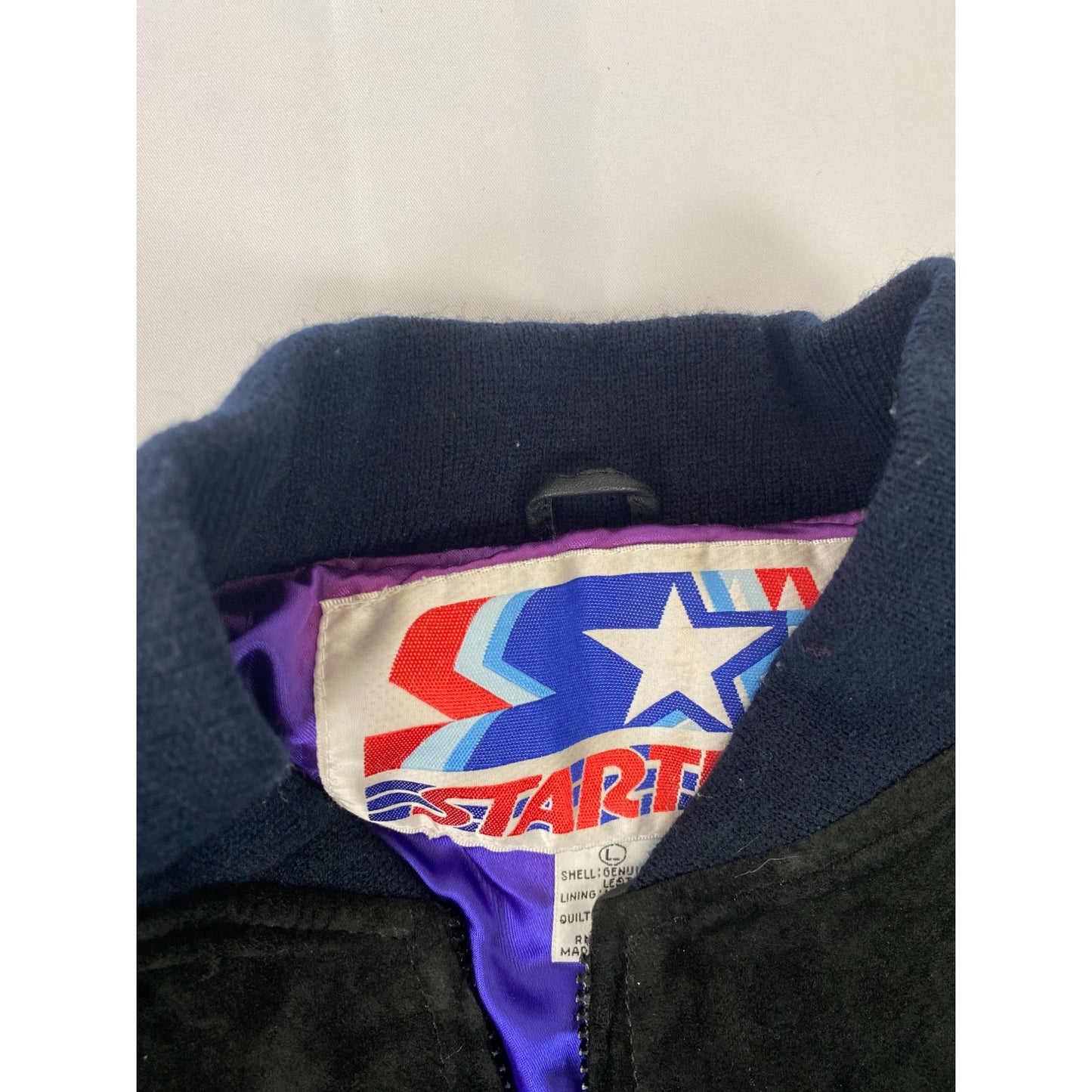 Blouson aviateur vintage Detroit Pistons Starter L en satin noir et cuir pour homme