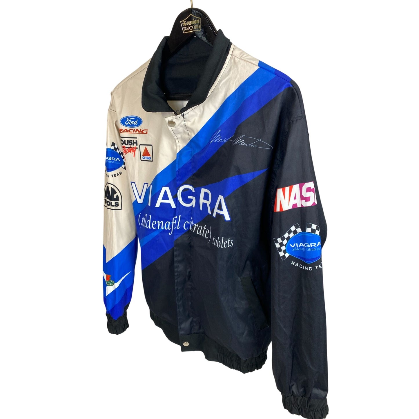 Veste NASCAR vintage 2003 noire et bleue en nylon pour homme, taille L