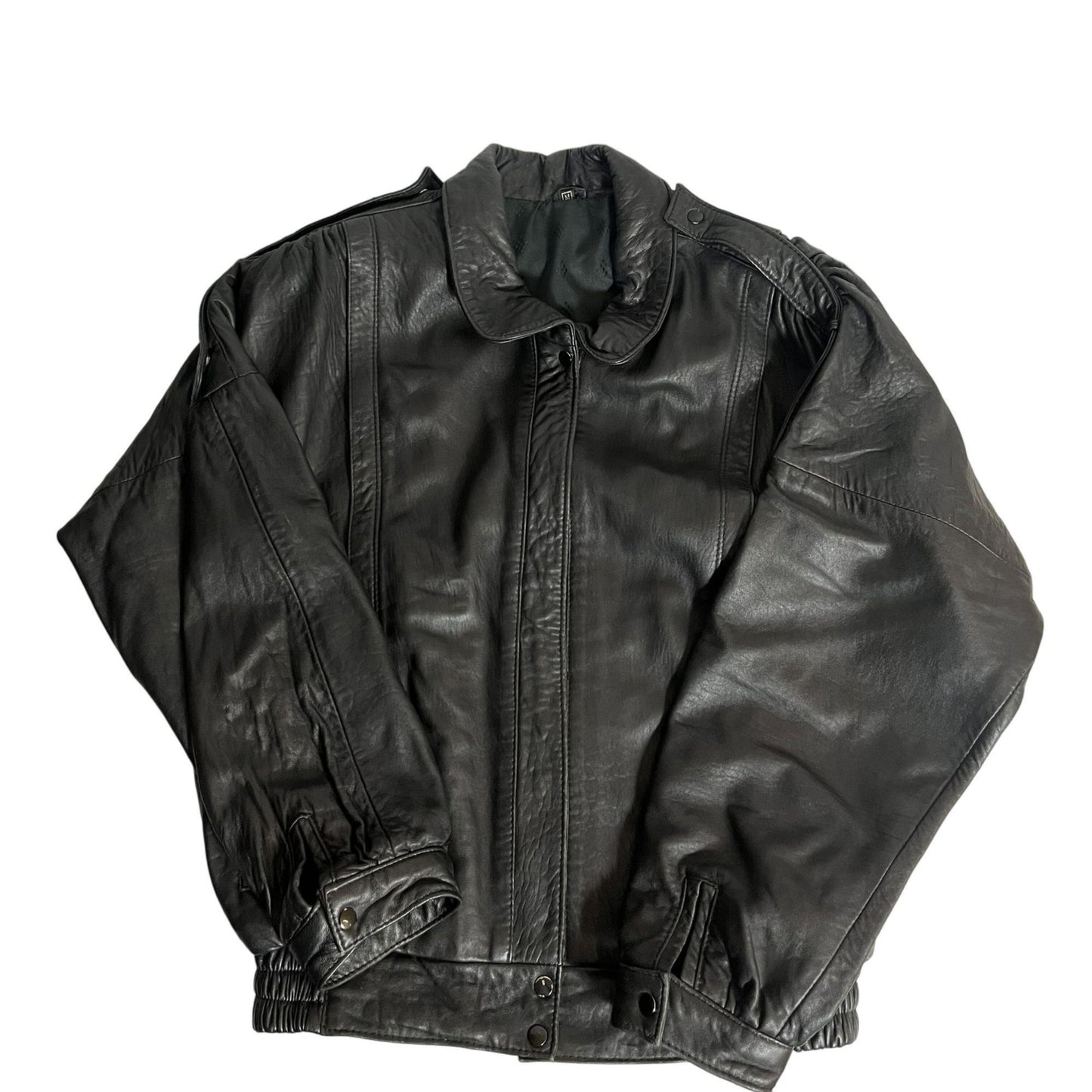 Black Leather Bomber Jacket Large Motorcycle Style Zip Front Mens Outerwear