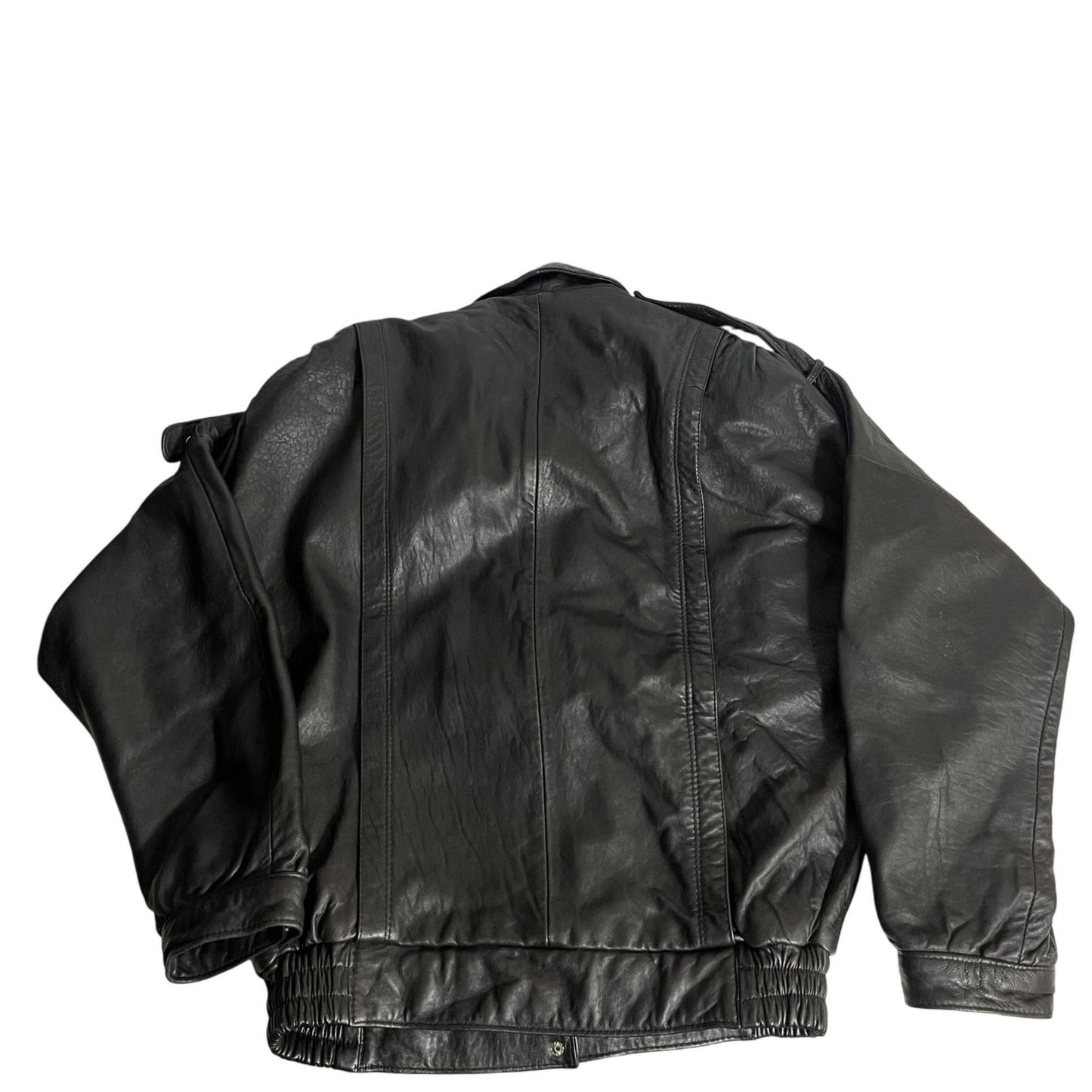 Black Leather Bomber Jacket Large Motorcycle Style Zip Front Mens Outerwear