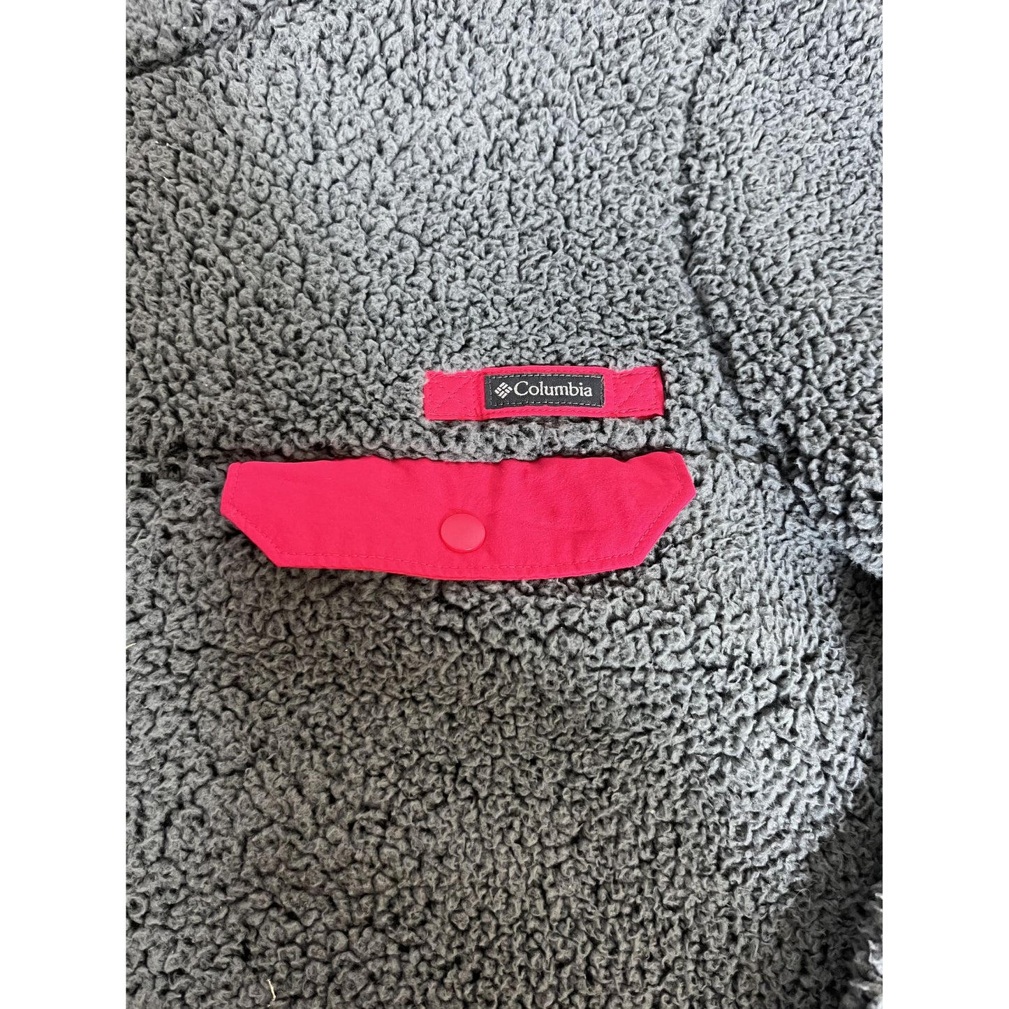 Veste polaire sherpa grise à fermeture éclair intégrale pour femme Columbia, avec détails roses et poche à pression, taille L