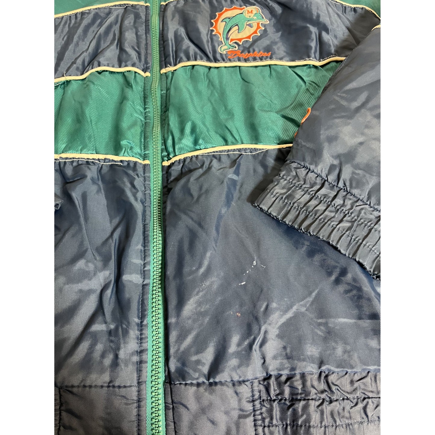 vintage Miami Dolphins Veste à capuche M Taille Nylon & Polyester Marine/Vert avec logo brodé