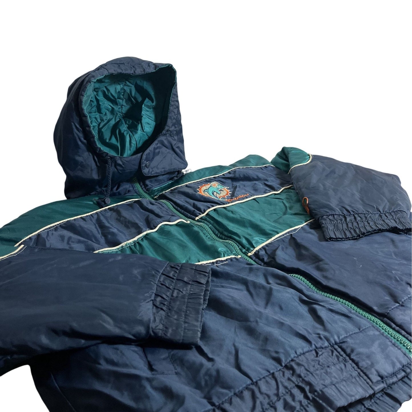 vintage Miami Dolphins Veste à capuche M Taille Nylon & Polyester Marine/Vert avec logo brodé