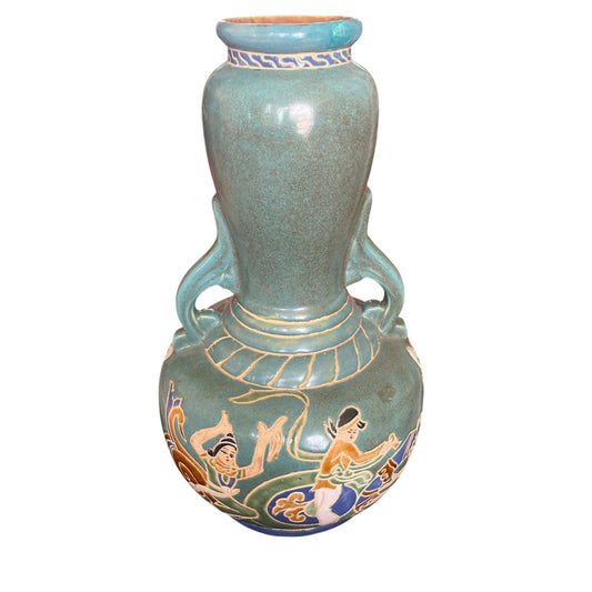 Vase En Céramique Vietnamienne Massif Avec Décors Traditionnels & Anses Doubles Vert émaillé Avec Motifs Multicolores