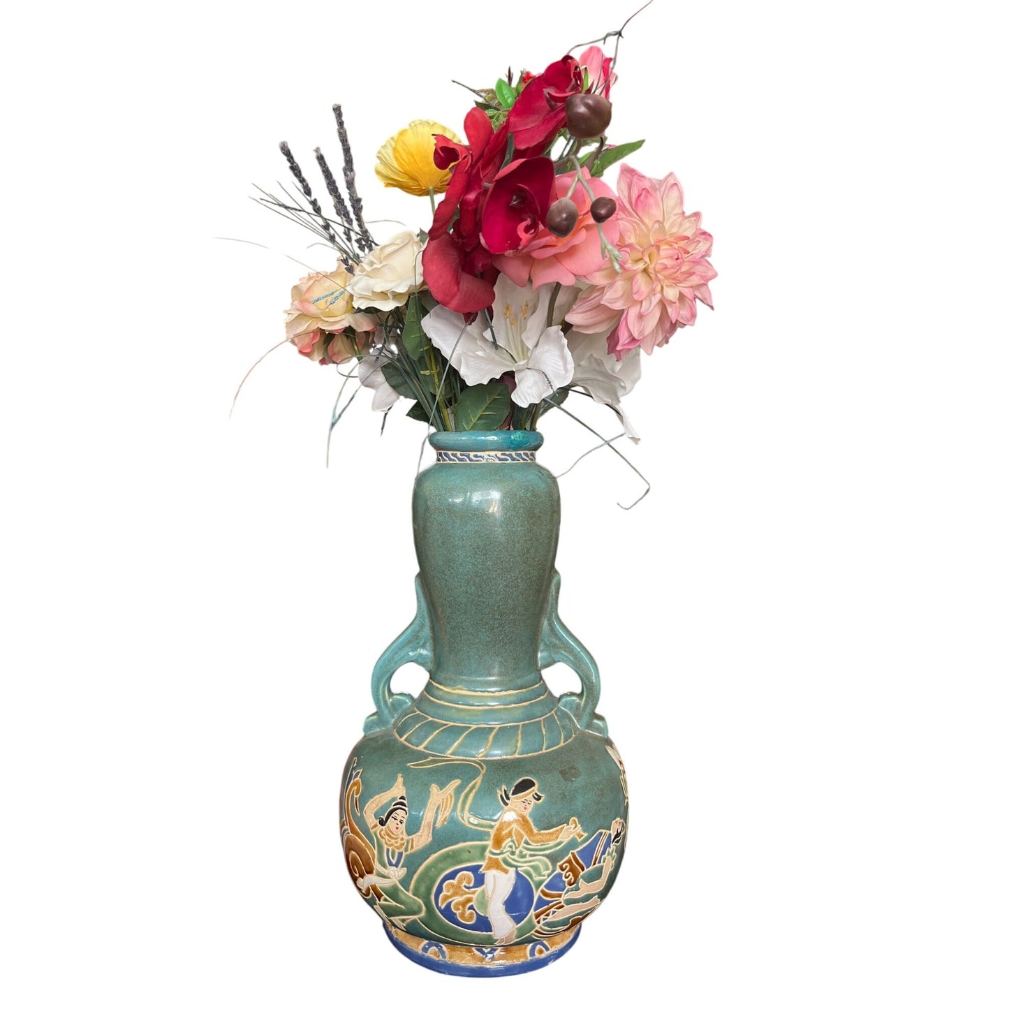 Vase En Céramique Vietnamienne Massif Avec Décors Traditionnels & Anses Doubles Vert émaillé Avec Motifs Multicolores