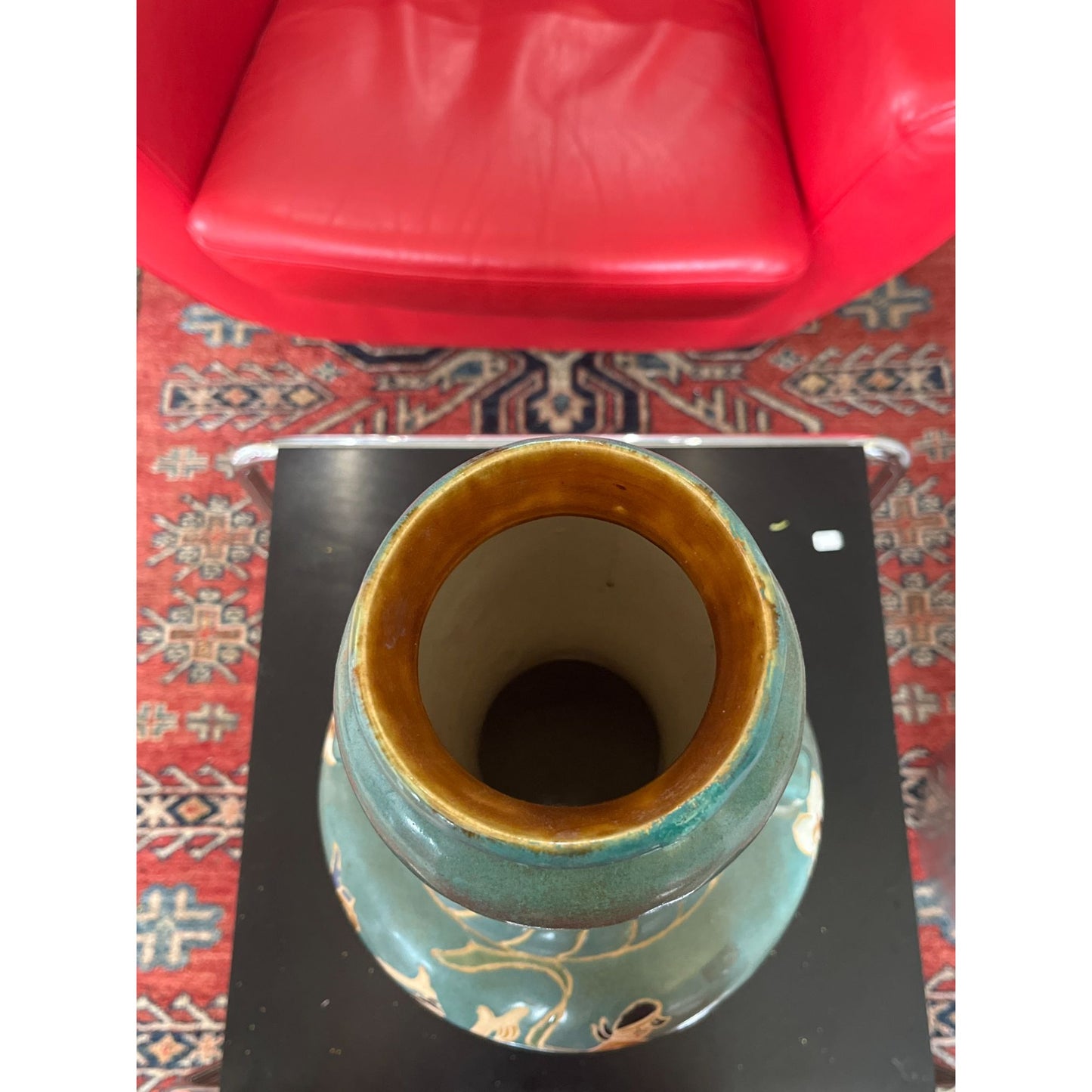 Vase En Céramique Vietnamienne Massif Avec Décors Traditionnels & Anses Doubles Vert émaillé Avec Motifs Multicolores