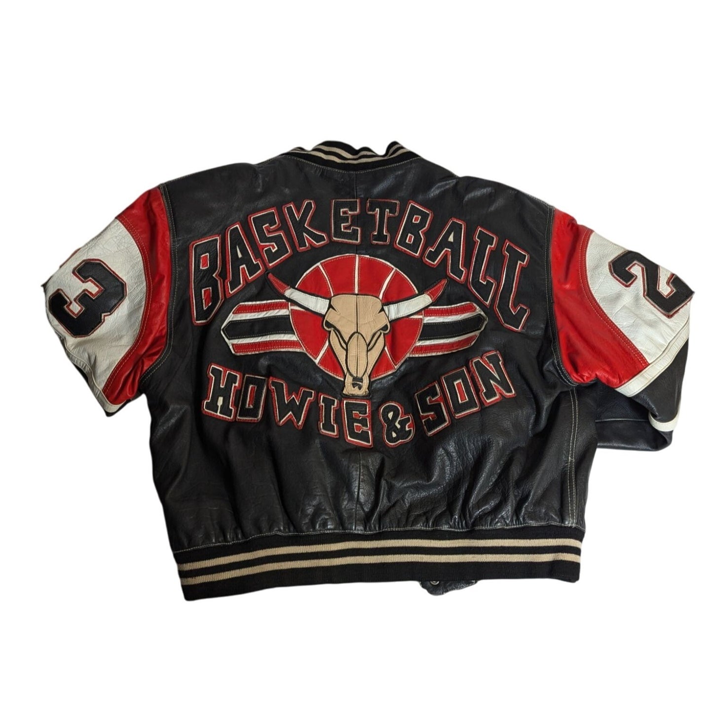 Veste de basket-ball universitaire vintage Howie & Sons XXL en cuir noir avec patch Red Bull