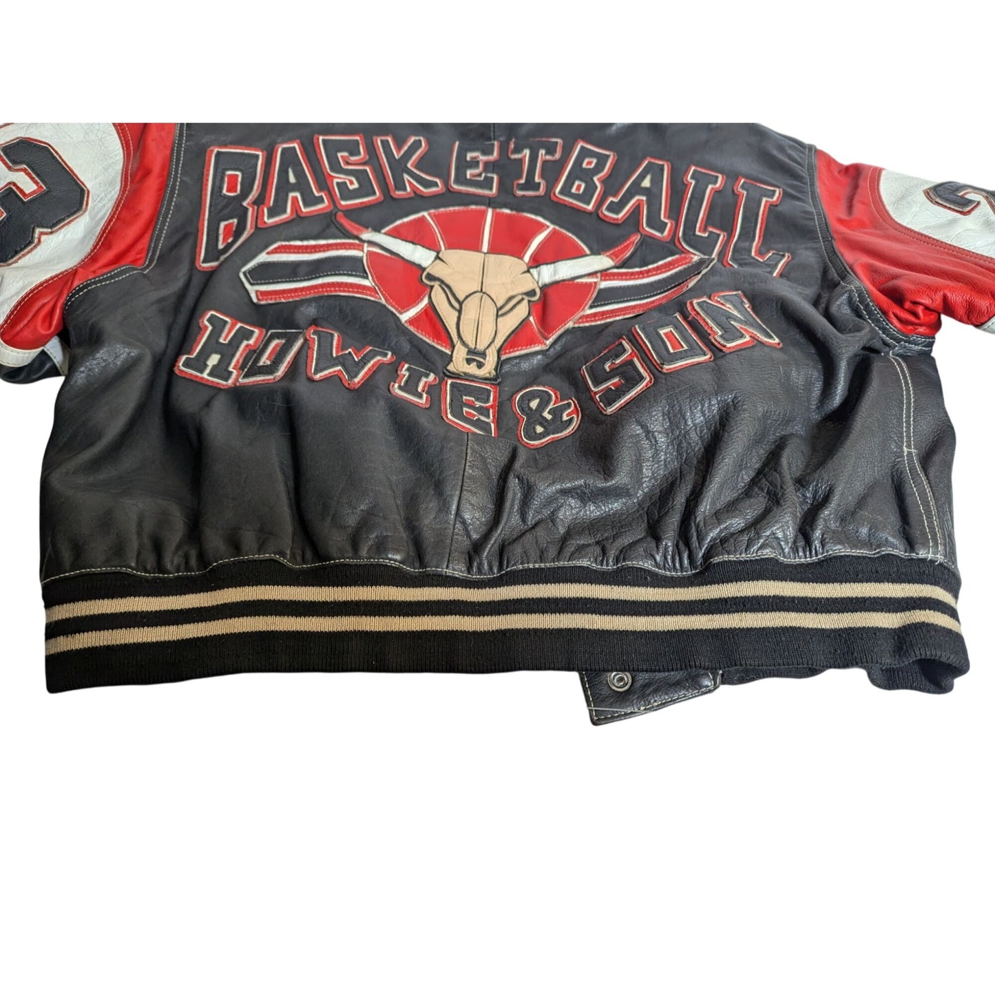 Veste de basket-ball universitaire vintage Howie & Sons XXL en cuir noir avec patch Red Bull