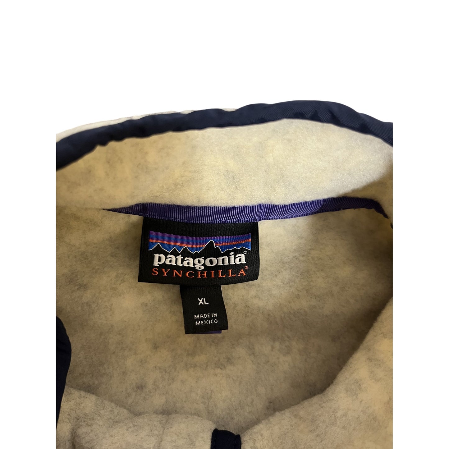 Patagonia Synchilla Snap-T Fleece Pullover XL Beige With Navy Trim & Pocket