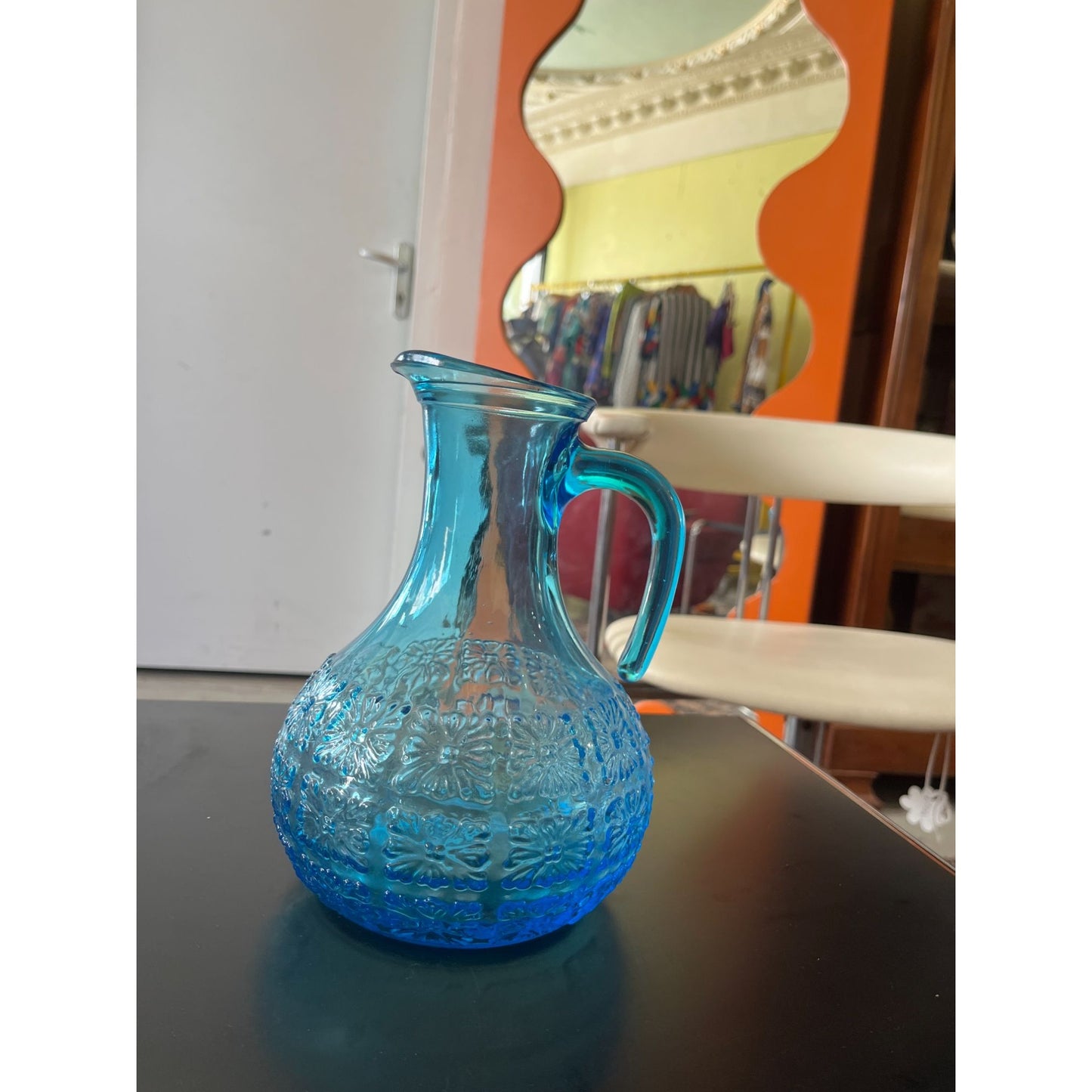 Service À Orangeade En Verre Bleu Avec Carafe Et 6 Verres Vintage Style Texturé
