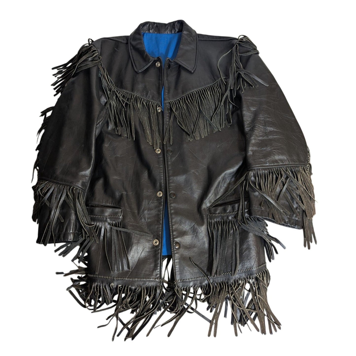Veste à franges en cuir noir style western avec boutons-pression et doublure bleue S