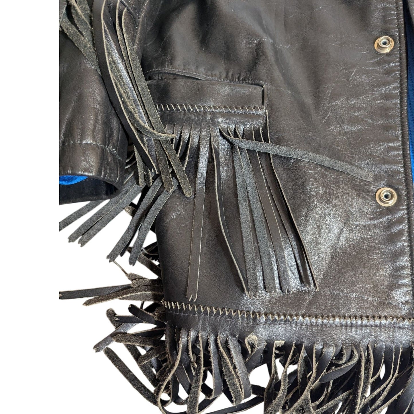 Veste à franges en cuir noir style western avec boutons-pression et doublure bleue S