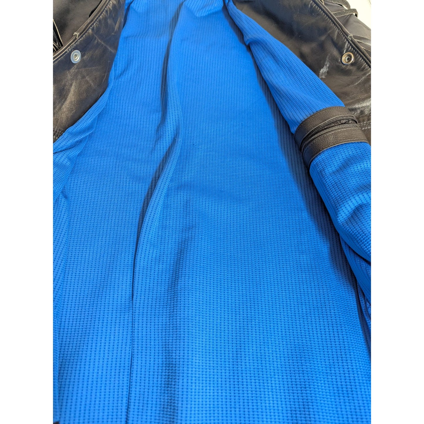 Veste à franges en cuir noir style western avec boutons-pression et doublure bleue S