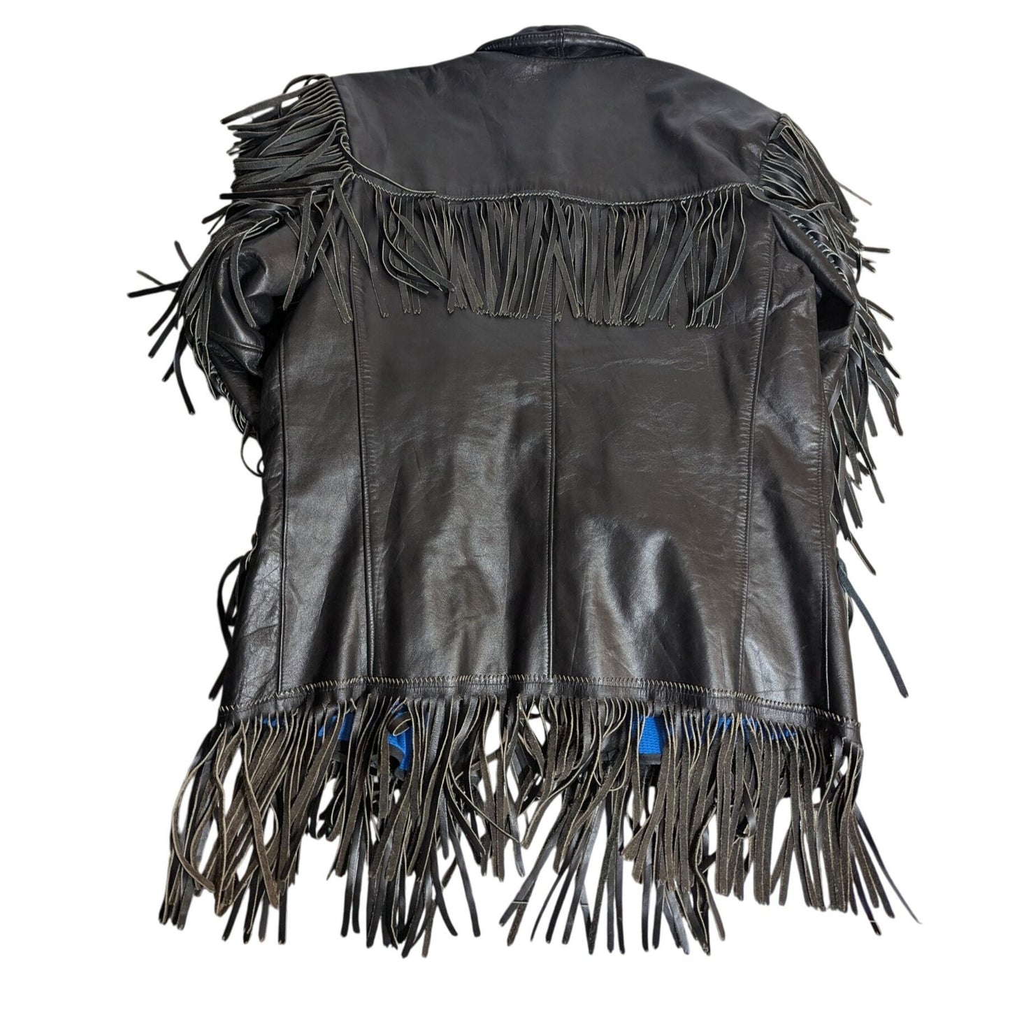 Veste à franges en cuir noir style western avec boutons-pression et doublure bleue S