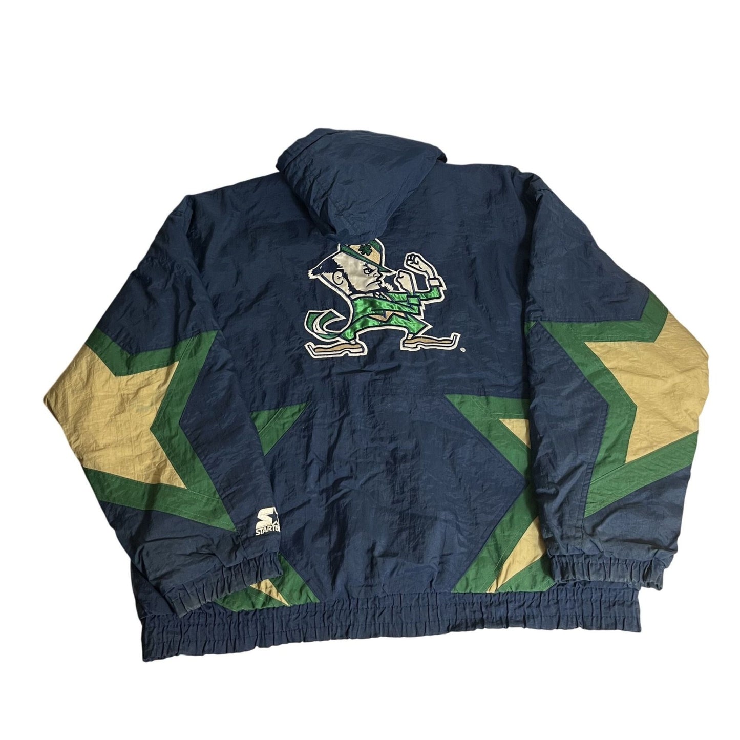Veste de départ Notre Dame Fighting Irish XL Bleu marine et vert Manteau à capuche matelassé en nylon vintage des années 90