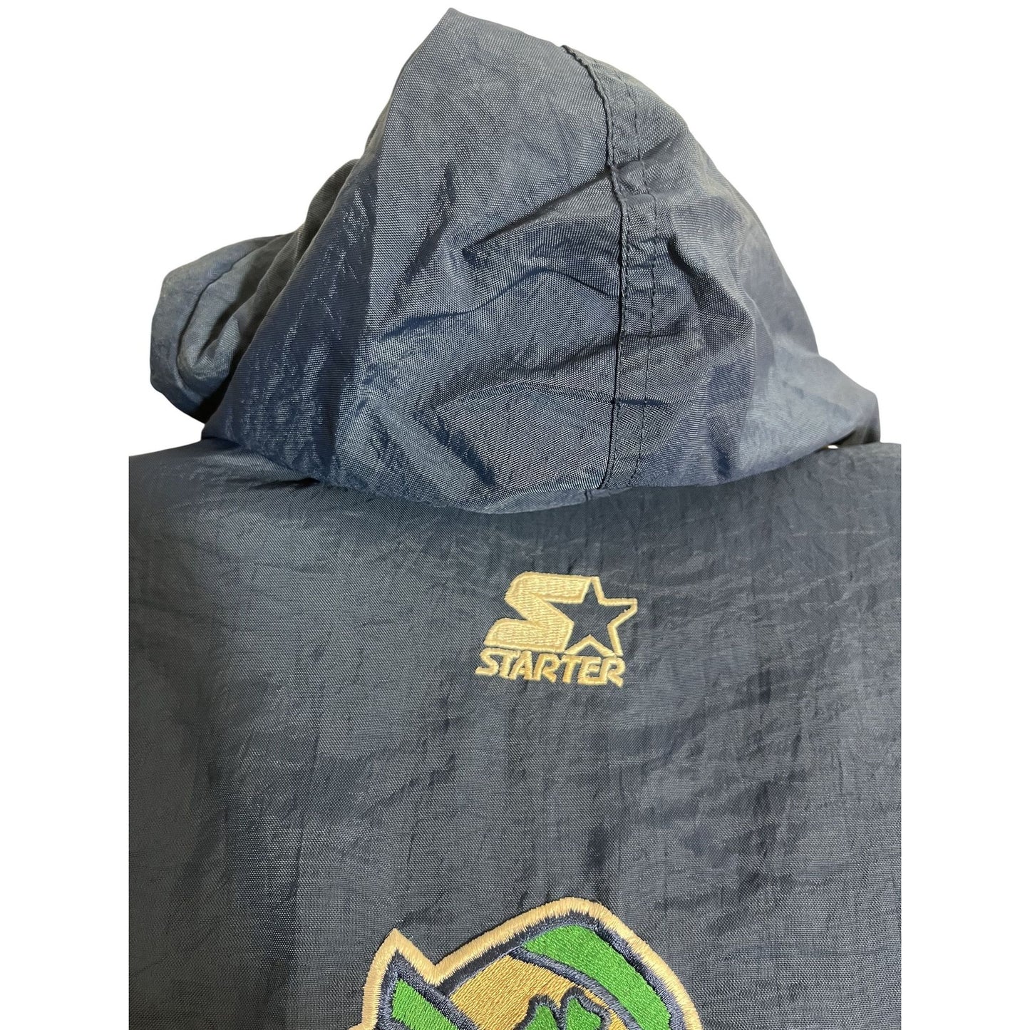 Veste de départ Notre Dame Fighting Irish XL Bleu marine et vert Manteau à capuche matelassé en nylon vintage des années 90