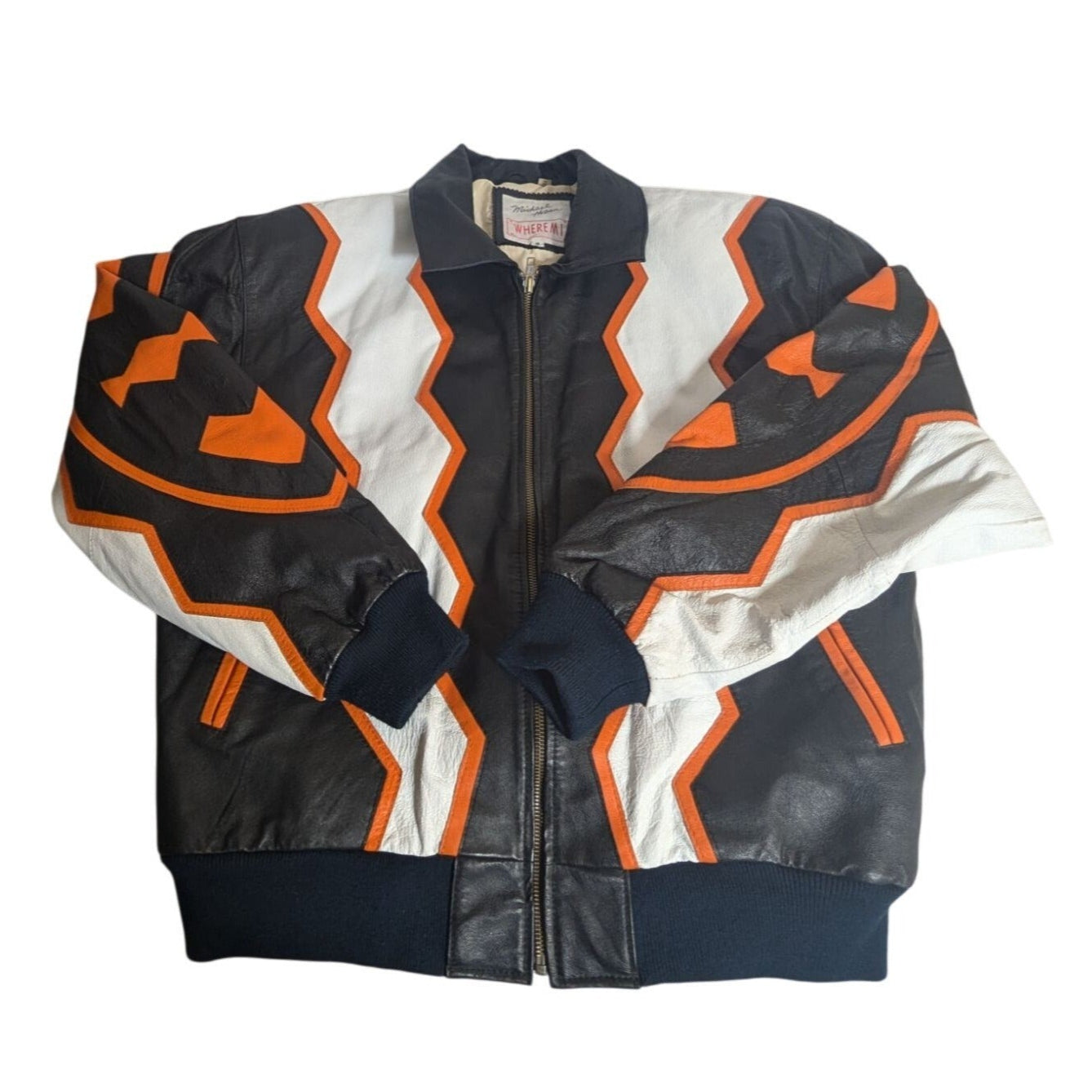 Veste bomber en cuir Michael Hoban WHERE!M ultra rare avec motif Hobo World noir/blanc/orange taille M