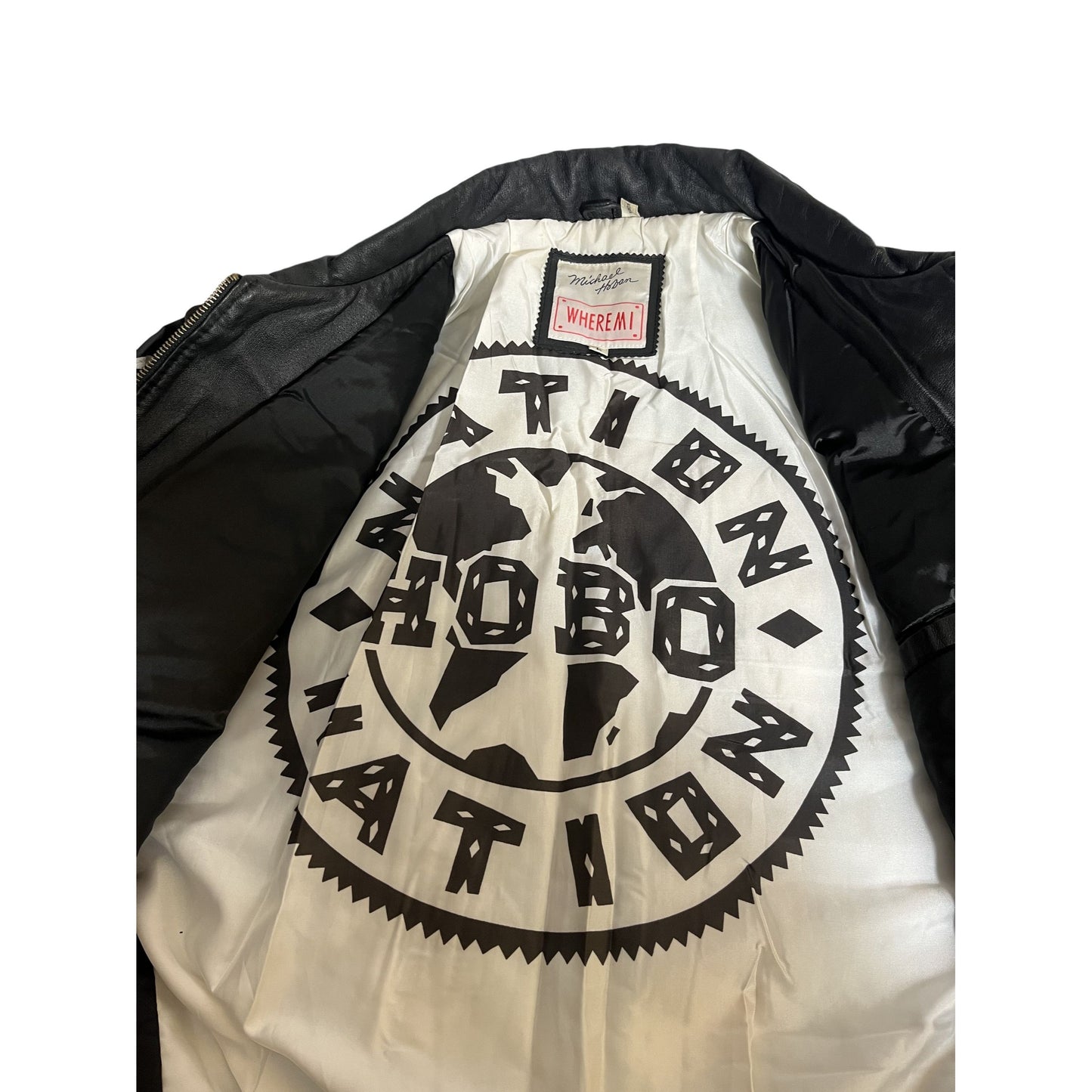 Veste en cuir Michael Hoban Wheremi, grande taille, noire et bleu sarcelle, motif zigzag