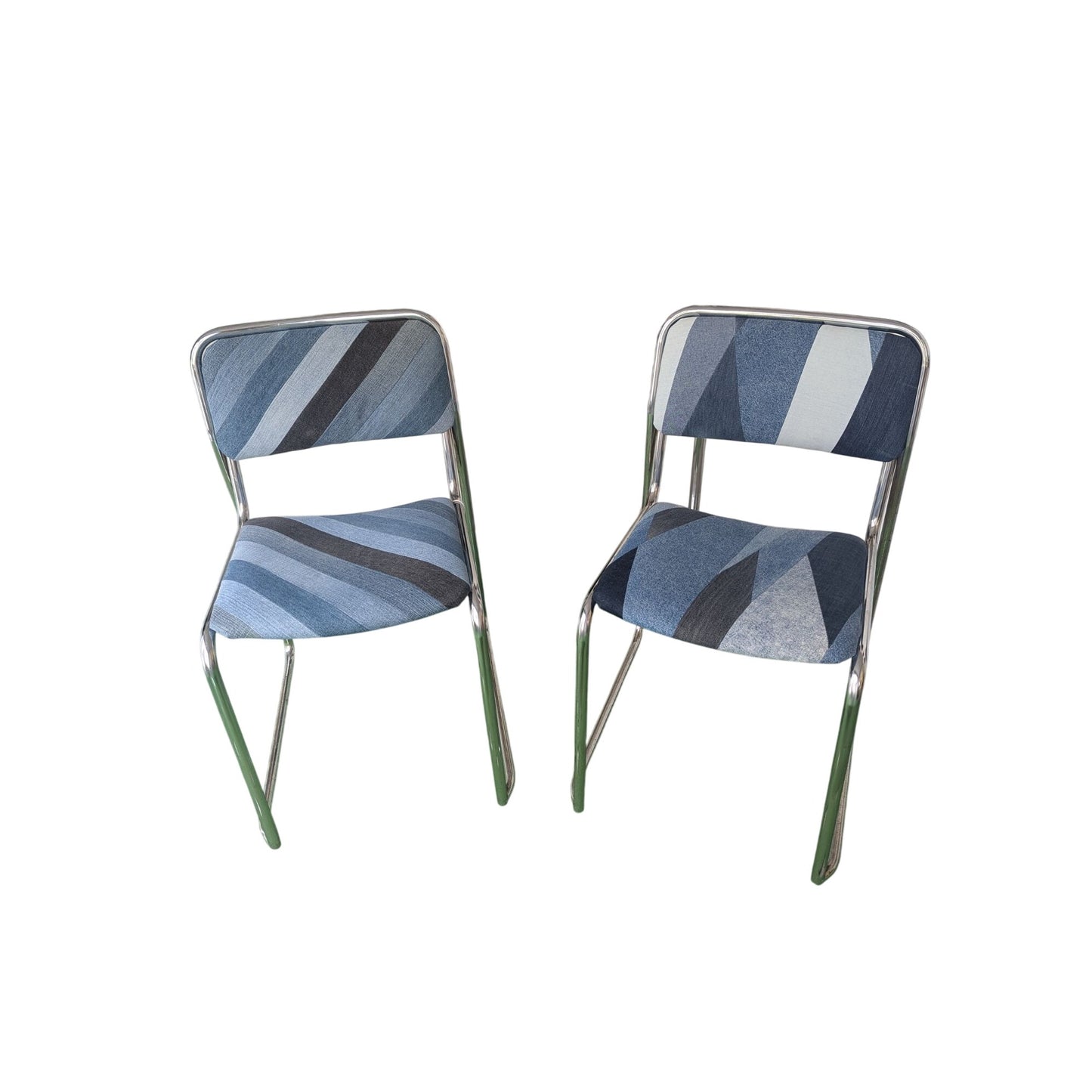 Vintage John Do Chaise Rétro En Métal Chromé & Tissu Patchwork Denim