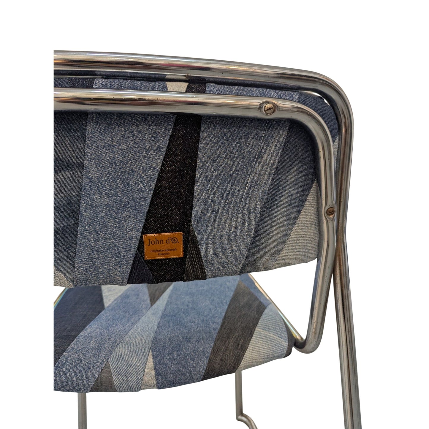 Vintage John Do Chaise Rétro En Métal Chromé & Tissu Patchwork Denim