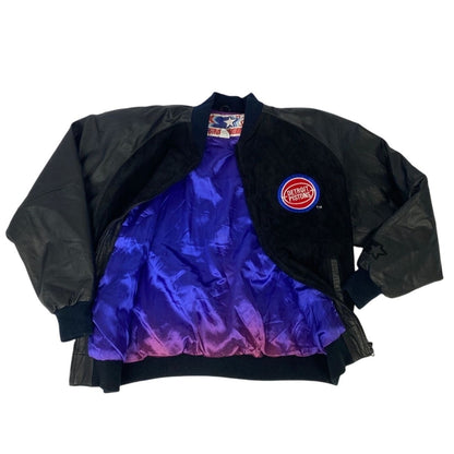 Blouson aviateur vintage Detroit Pistons Starter L en satin noir et cuir pour homme
