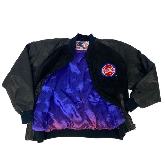 Blouson aviateur vintage Detroit Pistons Starter L en satin noir et cuir pour homme