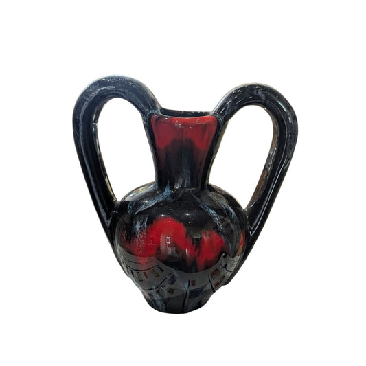 Handcrafted Ceramic Vase Black & Red/Blue Dual-Handle Decorative 19cm High