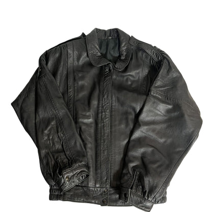 Black Leather Bomber Jacket Large Motorcycle Style Zip Front Mens Outerwear