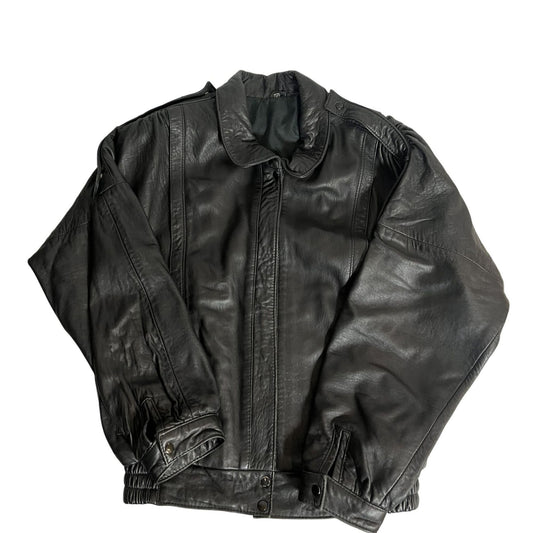 Black Leather Bomber Jacket Large Motorcycle Style Zip Front Mens Outerwear