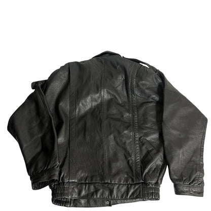 Black Leather Bomber Jacket Large Motorcycle Style Zip Front Mens Outerwear
