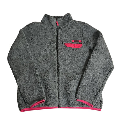 Veste polaire sherpa grise à fermeture éclair intégrale pour femme Columbia, avec détails roses et poche à pression, taille L