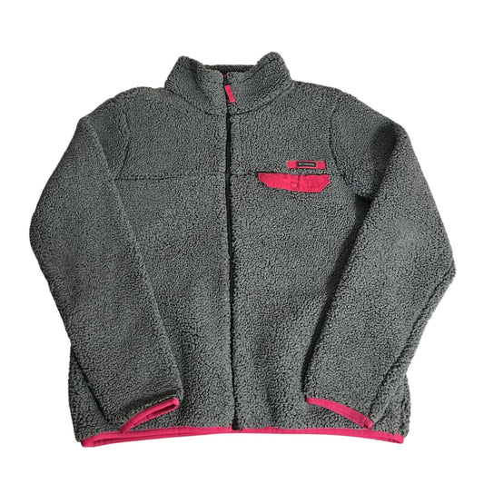 Veste polaire sherpa grise à fermeture éclair intégrale pour femme Columbia, avec détails roses et poche à pression, taille L