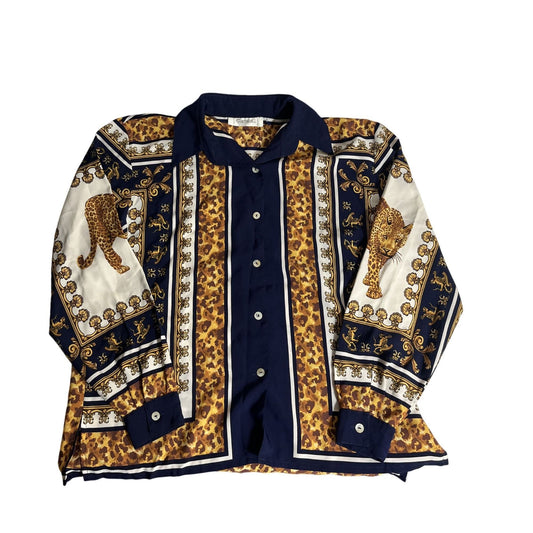 Chemise Vintage Carpiel À Motif Léopard Pour Femme Taille M Polyester Bleu & Doré Fermeture Boutons