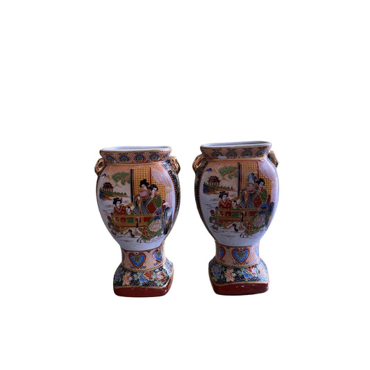 Pair Of Small Japanese Vases With Hand-Painted Design & Handles 14cm Tall