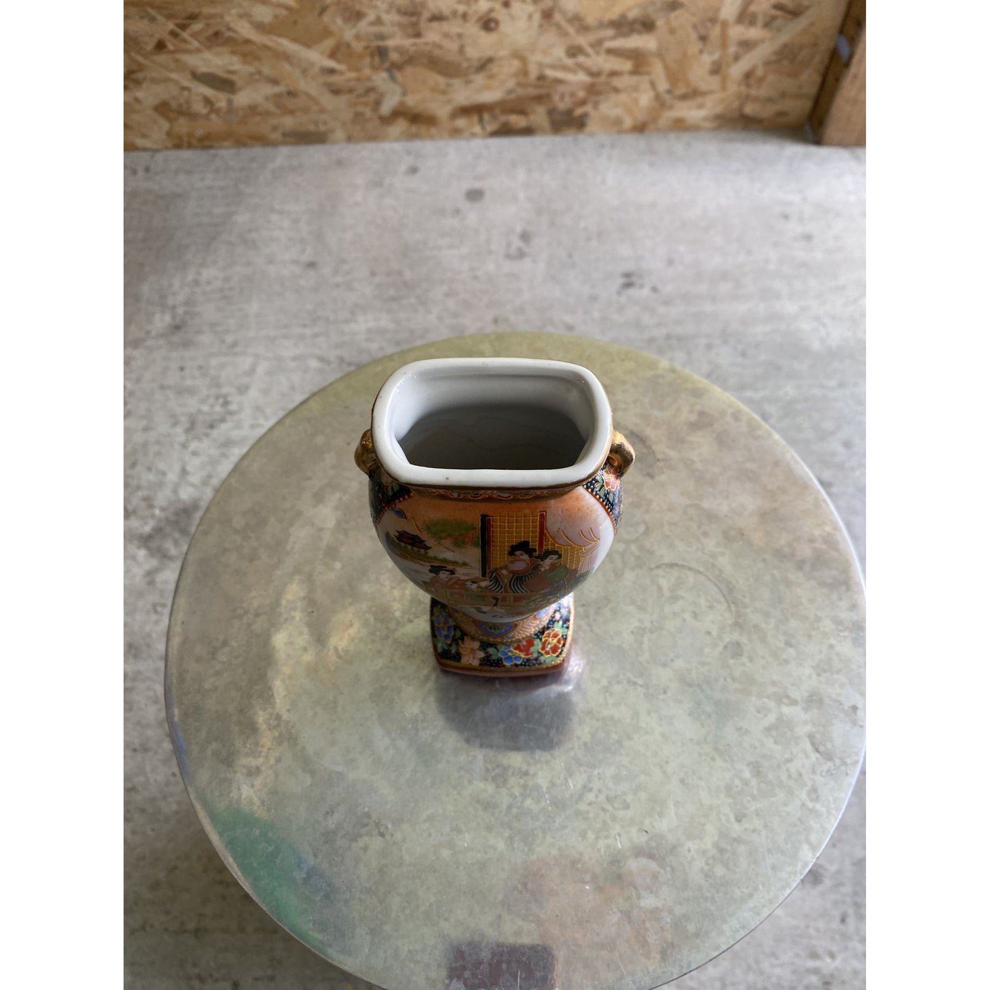 Pair Of Small Japanese Vases With Hand-Painted Design & Handles 14cm Tall