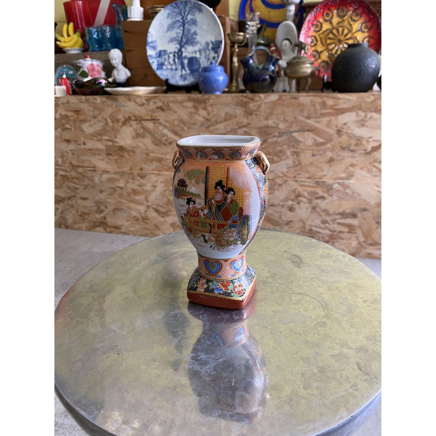 Pair Of Small Japanese Vases With Hand-Painted Design & Handles 14cm Tall