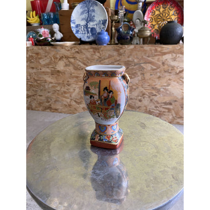 Pair Of Small Japanese Vases With Hand-Painted Design & Handles 14cm Tall