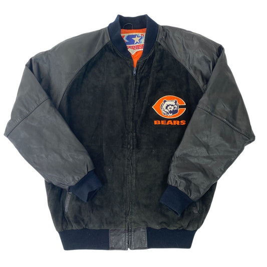 Blouson aviateur en daim et cuir Starter des Chicago Bears pour homme, taille L