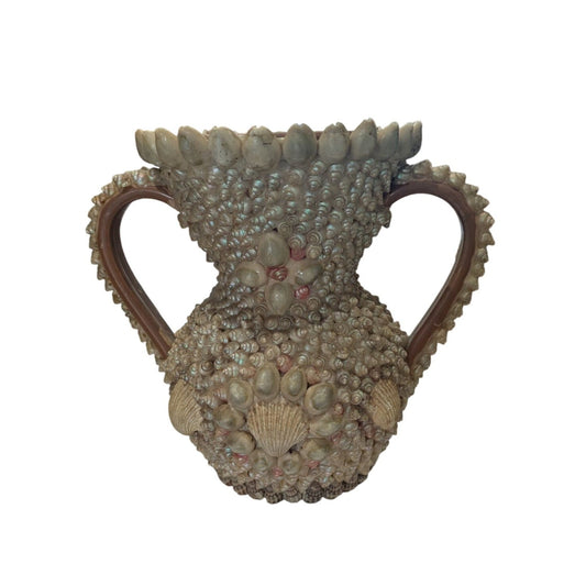 Vase décoratif en céramique incrusté de coquillages, fabriqué à la main, avec deux anses
