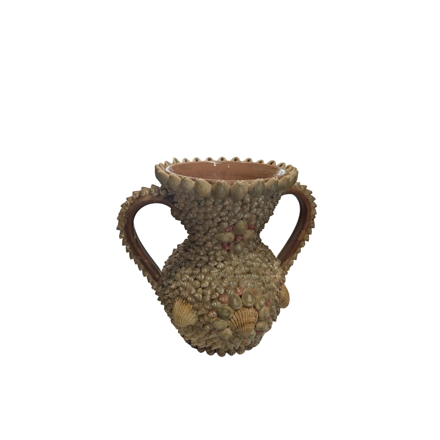 Vase décoratif en céramique incrusté de coquillages, fabriqué à la main, avec deux anses