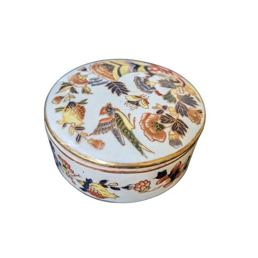 Boîte Ronde En Porcelaine Vintage Motif Floral & Oiseaux Multicolores Avec Couvercle