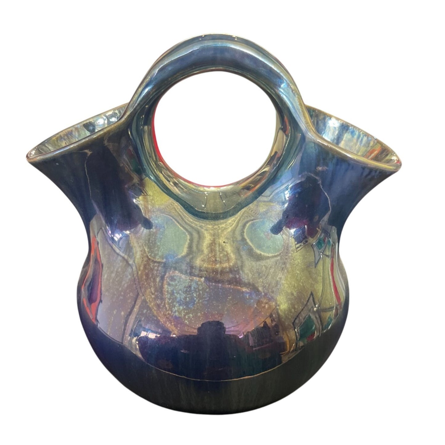 Vase En Gré Flammé Irisée Bleu & Vert Largeur 13cm Longueur 16cm Hauteur 17cm