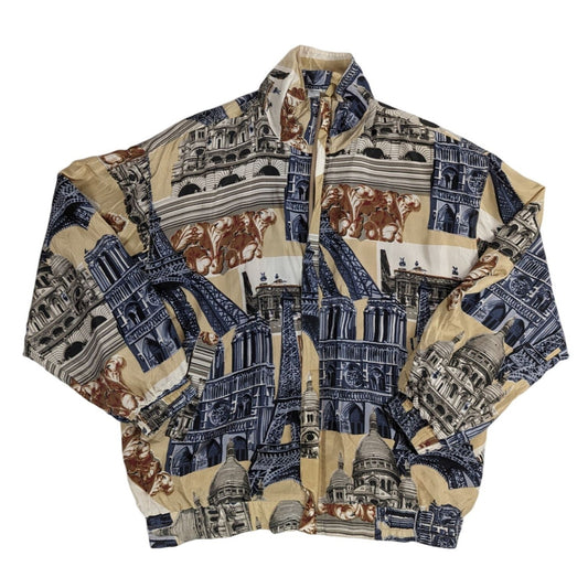 Veste vintage à imprimé monuments parisiens beige et bleu