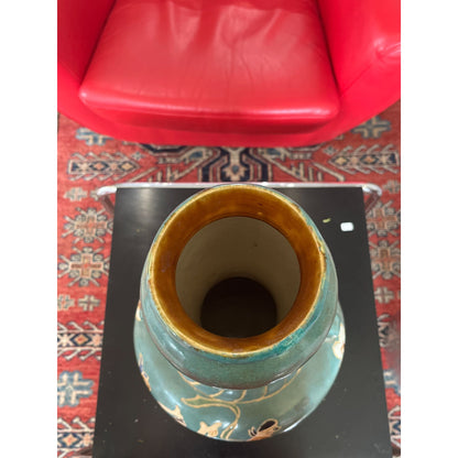 Vase En Céramique Vietnamienne Massif Avec Décors Traditionnels & Anses Doubles Vert émaillé Avec Motifs Multicolores