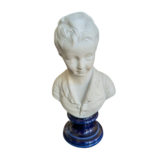 Buste En Biscuit De Porcelaine Limoges Blanc Sur Socle Bleu 19x10x6cm