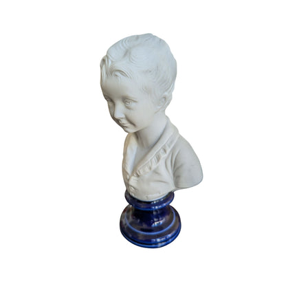 Buste En Biscuit De Porcelaine Limoges Blanc Sur Socle Bleu 19x10x6cm