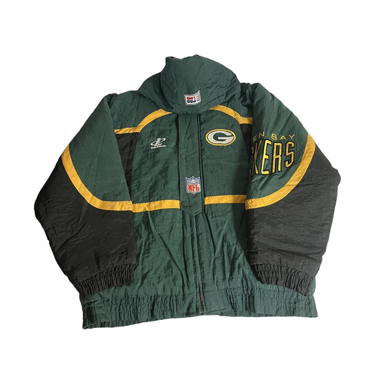 vintage Green Bay Packers Logo Athletic NFL Veste Vert & Jaune Homme Moyen Nylon Tissu Rare Retro Sportswear